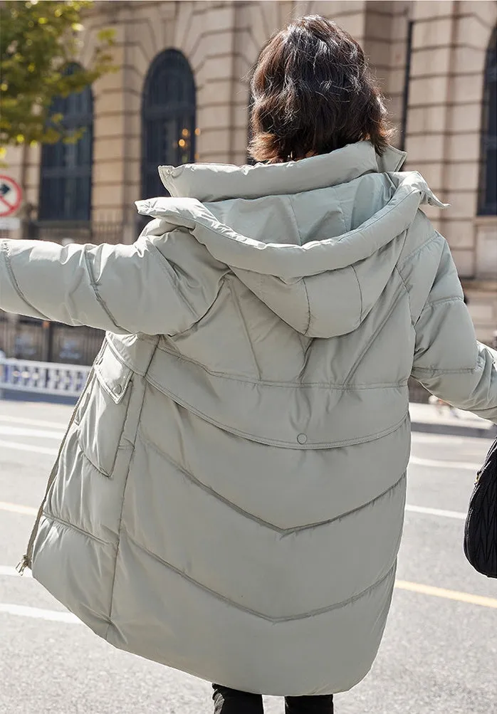 Knee-length Solid Hooded Puffer Jacket with Full Zip for Women