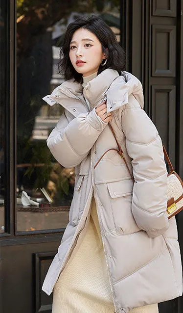 Knee-length Solid Hooded Puffer Jacket with Full Zip for Women