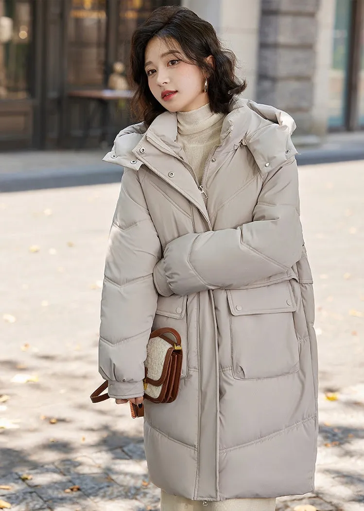 Knee-length Solid Hooded Puffer Jacket with Full Zip for Women
