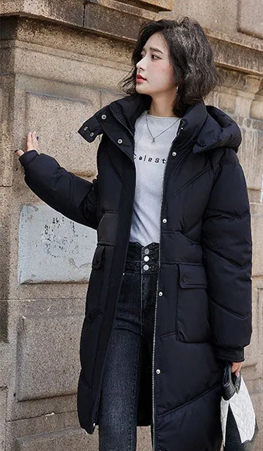 Knee-length Solid Hooded Puffer Jacket with Full Zip for Women