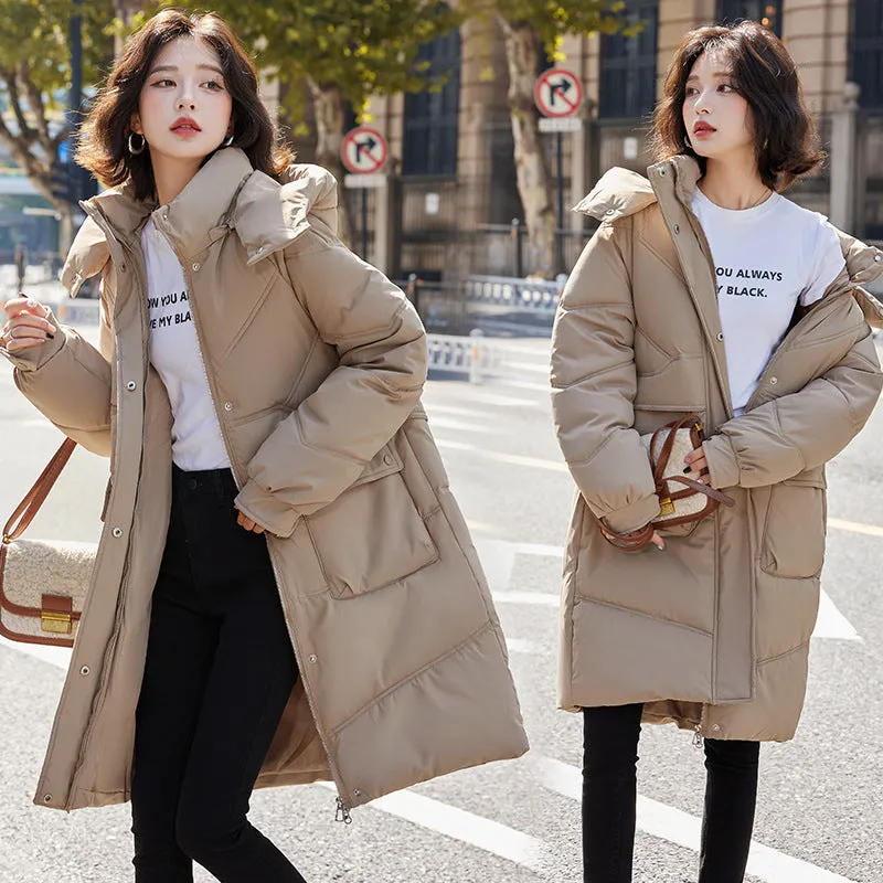 Knee-length Solid Hooded Puffer Jacket with Full Zip for Women