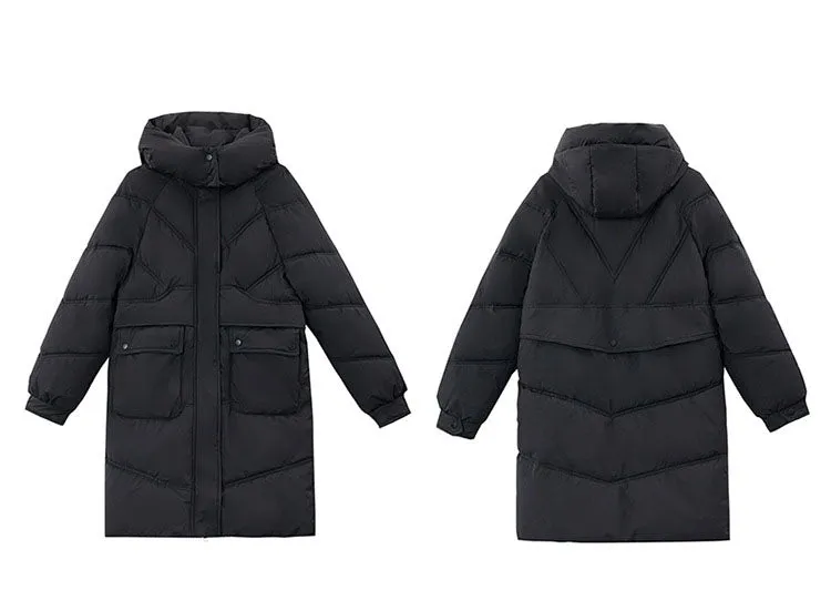 Knee-length Solid Hooded Puffer Jacket with Full Zip for Women