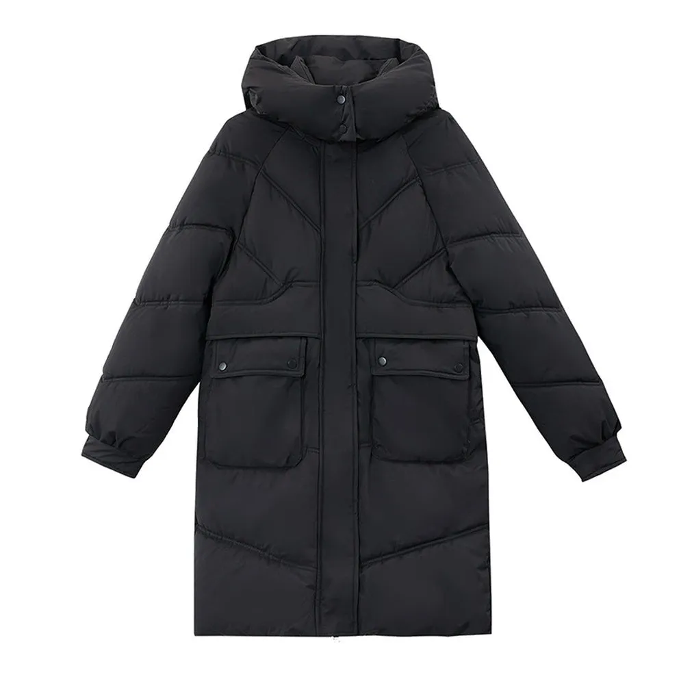 Knee-length Solid Hooded Puffer Jacket with Full Zip for Women
