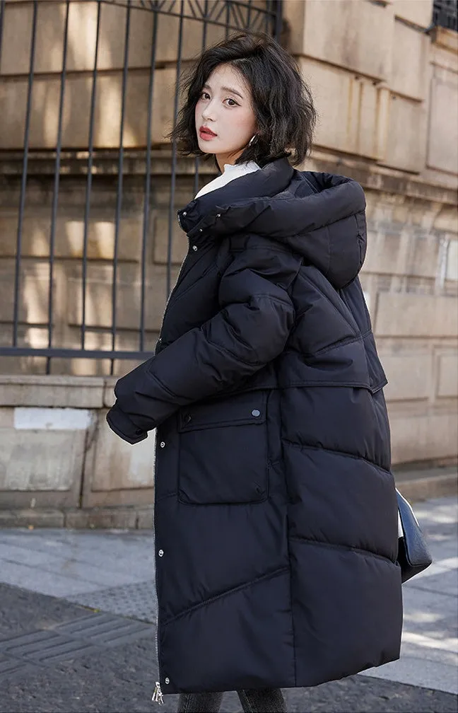 Knee-length Solid Hooded Puffer Jacket with Full Zip for Women