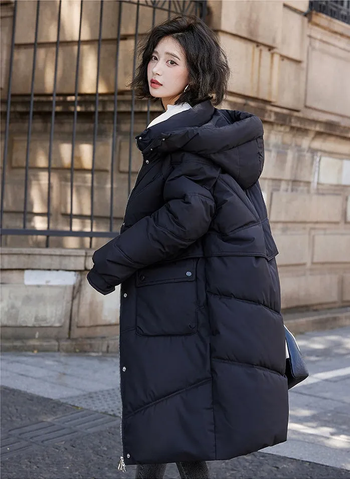 Knee-length Solid Hooded Puffer Jacket with Full Zip for Women