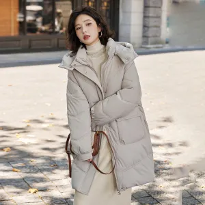 Knee-length Solid Hooded Puffer Jacket with Full Zip for Women