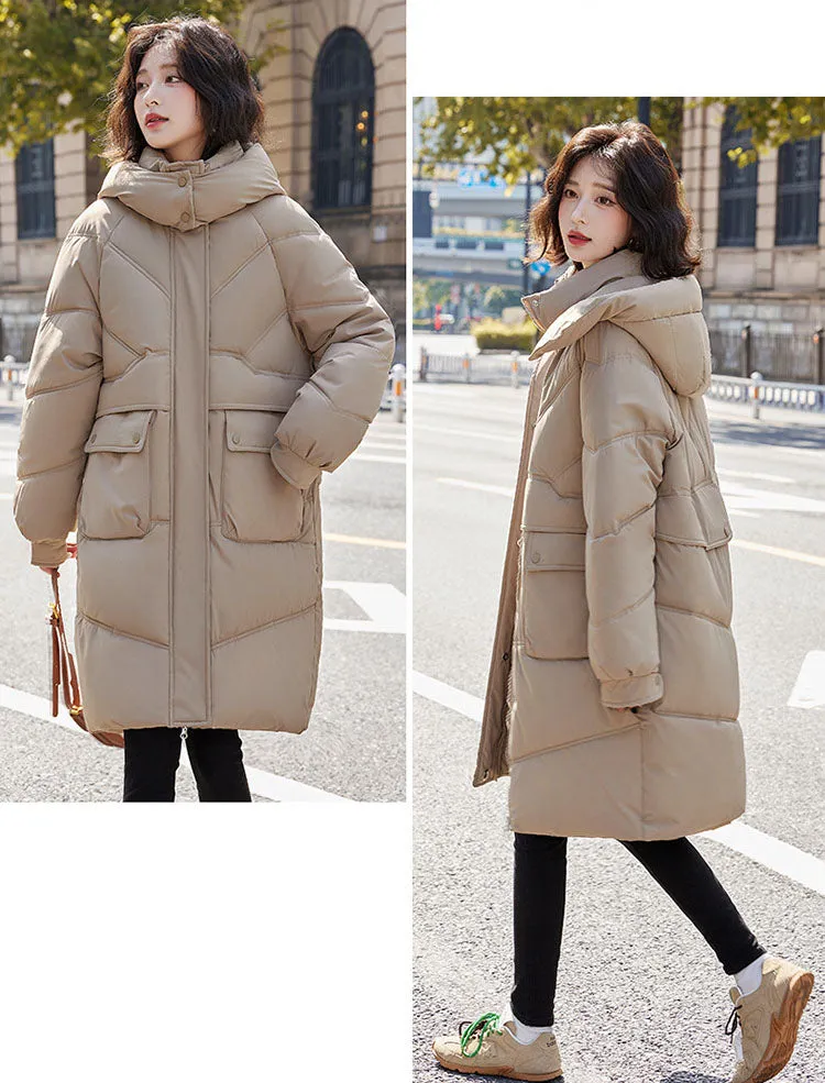 Knee-length Solid Hooded Puffer Jacket with Full Zip for Women