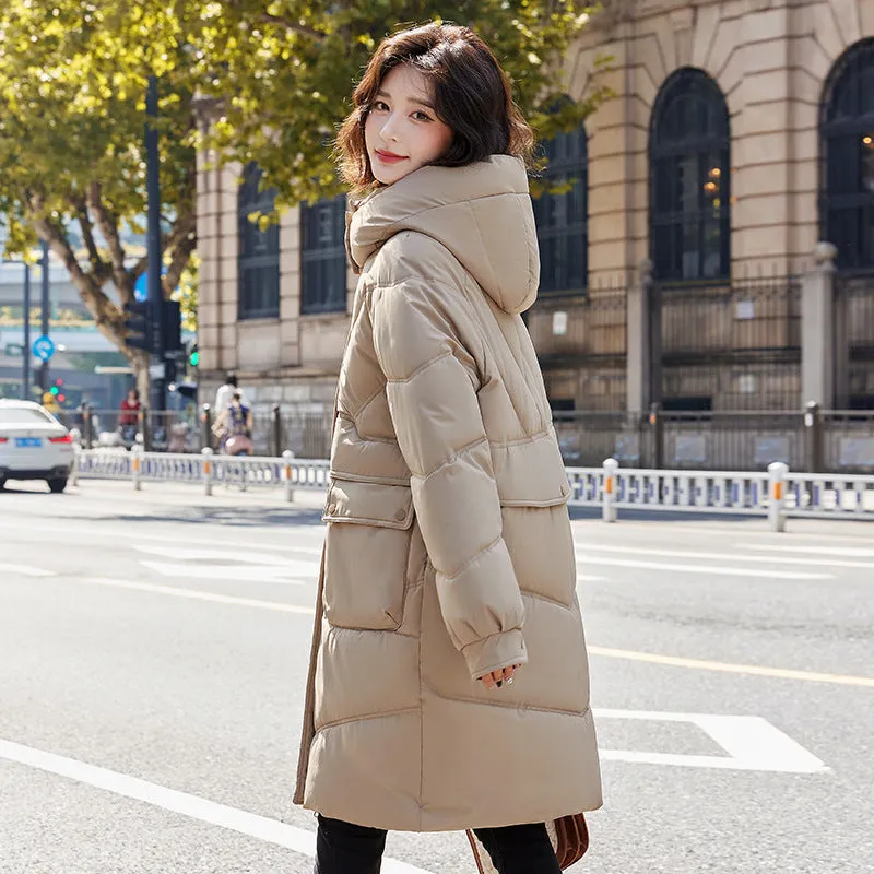 Knee-length Solid Hooded Puffer Jacket with Full Zip for Women