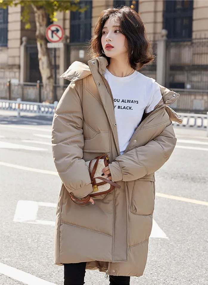 Knee-length Solid Hooded Puffer Jacket with Full Zip for Women