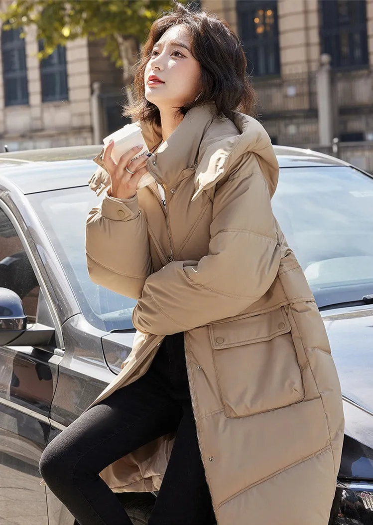 Knee-length Solid Hooded Puffer Jacket with Full Zip for Women