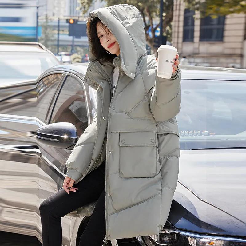 Knee-length Solid Hooded Puffer Jacket with Full Zip for Women