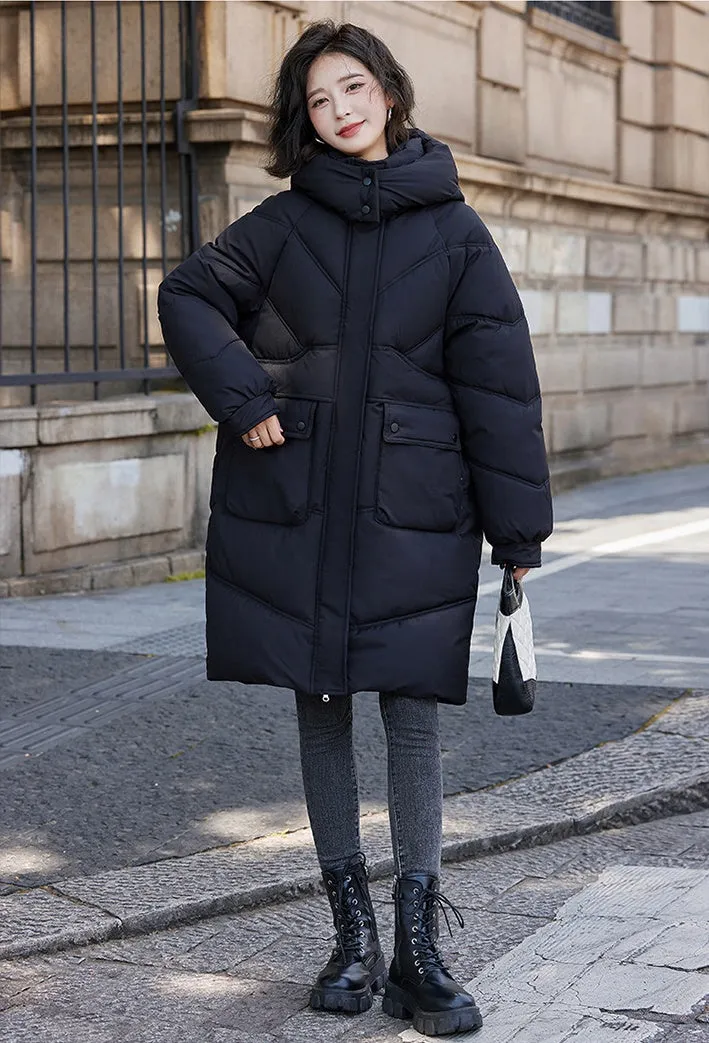 Knee-length Solid Hooded Puffer Jacket with Full Zip for Women