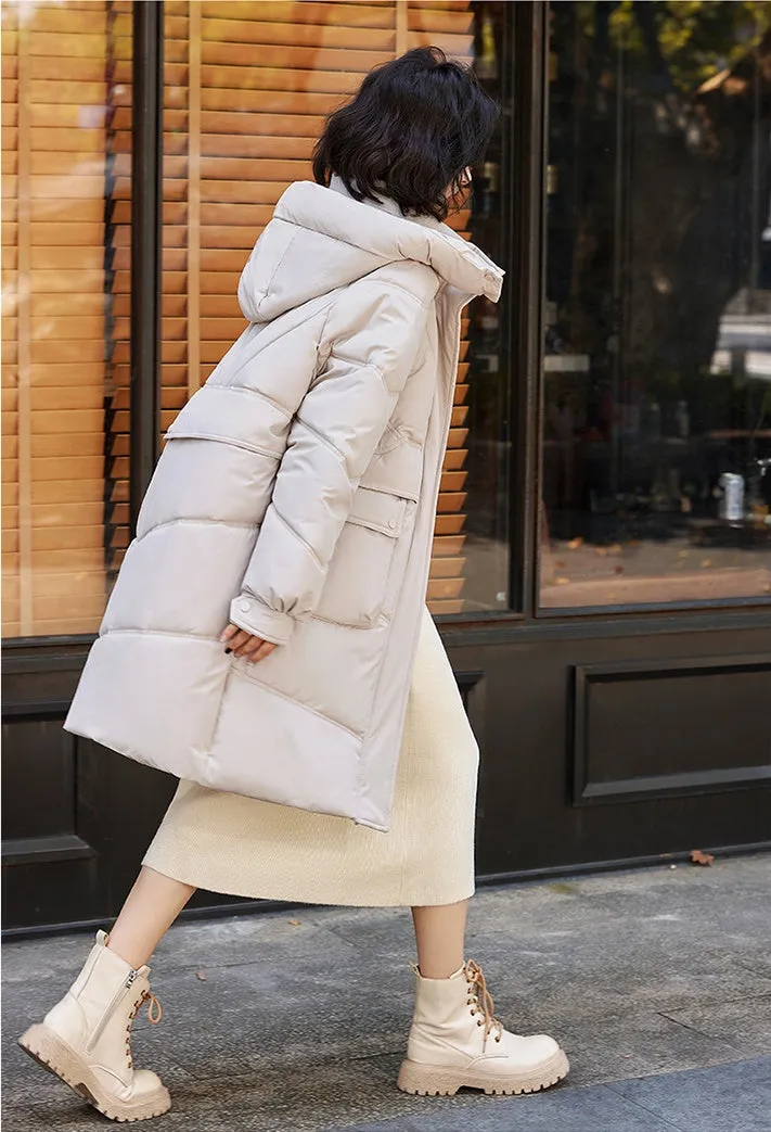 Knee-length Solid Hooded Puffer Jacket with Full Zip for Women
