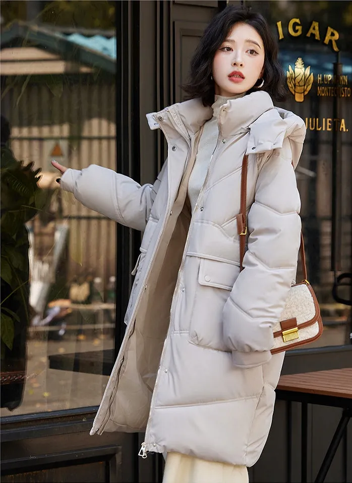 Knee-length Solid Hooded Puffer Jacket with Full Zip for Women