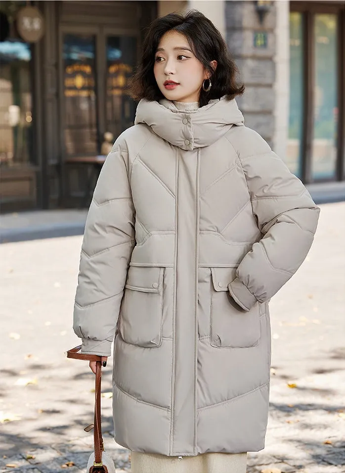 Knee-length Solid Hooded Puffer Jacket with Full Zip for Women