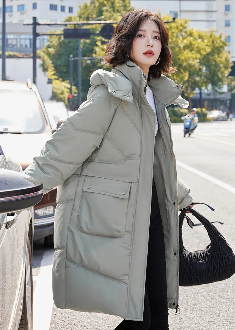 Knee-length Solid Hooded Puffer Jacket with Full Zip for Women