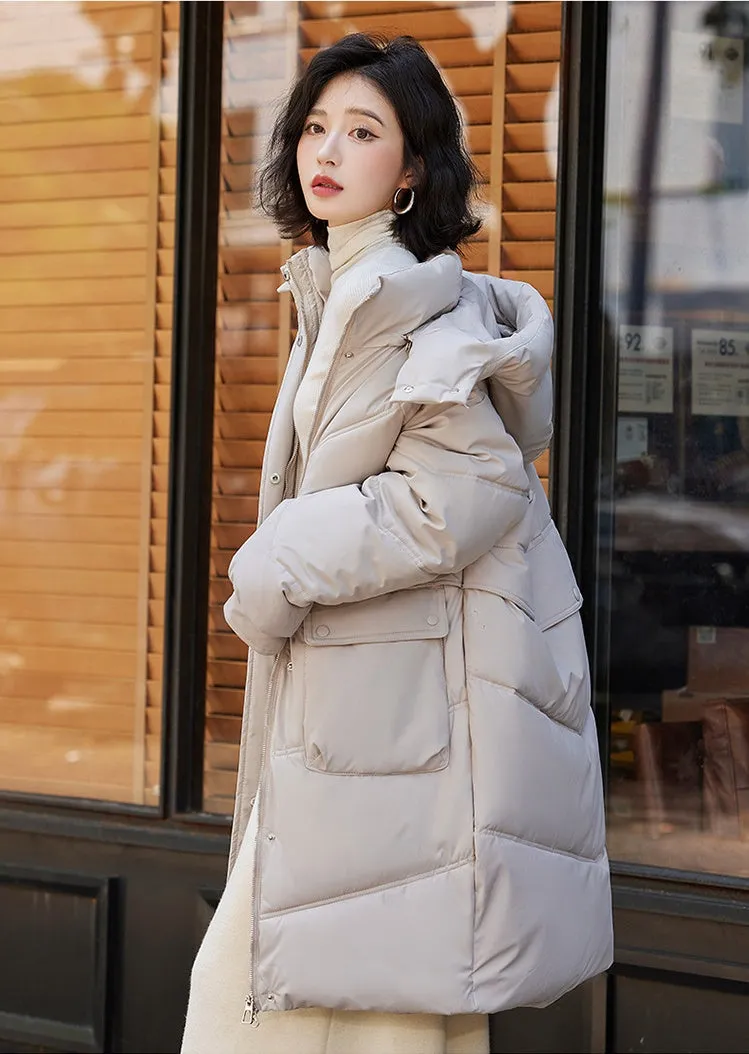 Knee-length Solid Hooded Puffer Jacket with Full Zip for Women