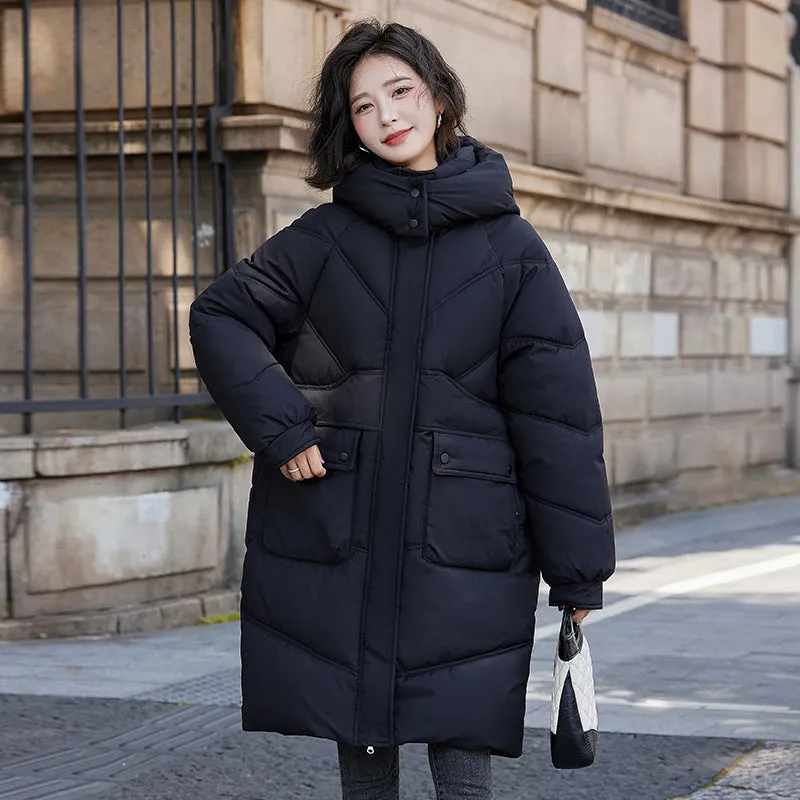 Knee-length Solid Hooded Puffer Jacket with Full Zip for Women