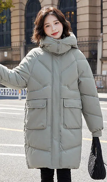 Knee-length Solid Hooded Puffer Jacket with Full Zip for Women