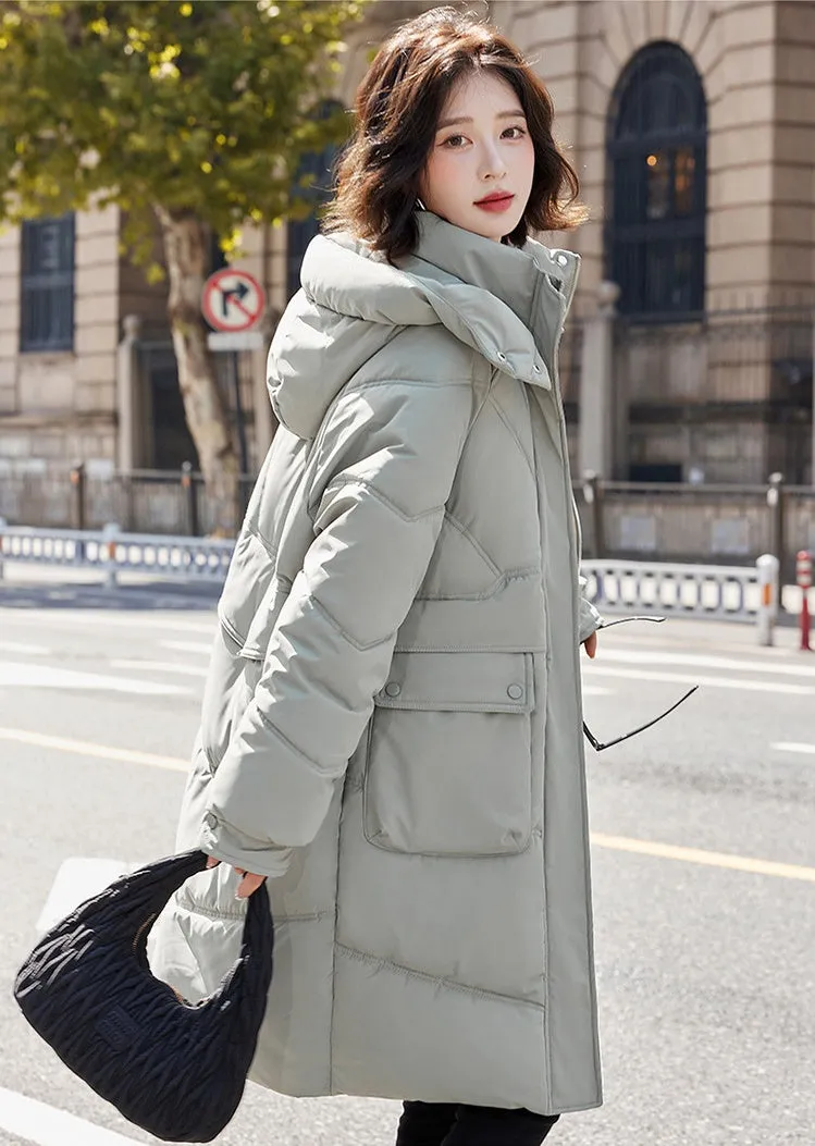 Knee-length Solid Hooded Puffer Jacket with Full Zip for Women