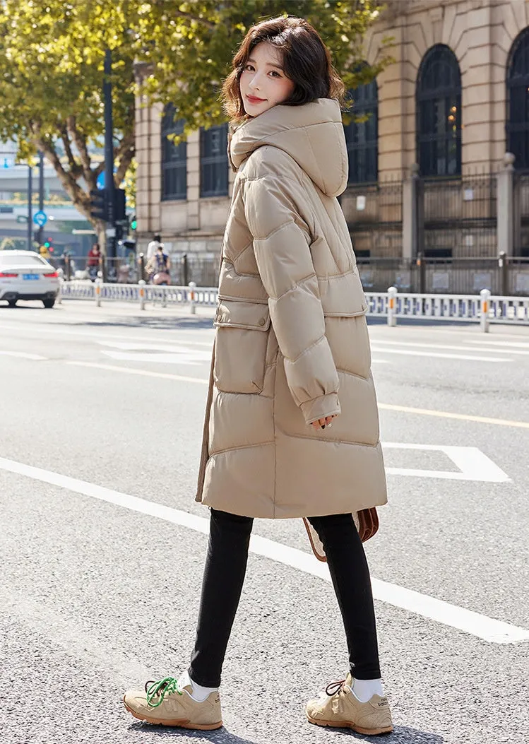 Knee-length Solid Hooded Puffer Jacket with Full Zip for Women
