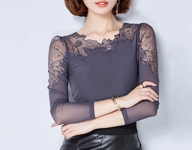 Lace Blouse Women Blouses Women Clothes Tops Fashion Black Long Sleeve Ladies Shirt Plus Size