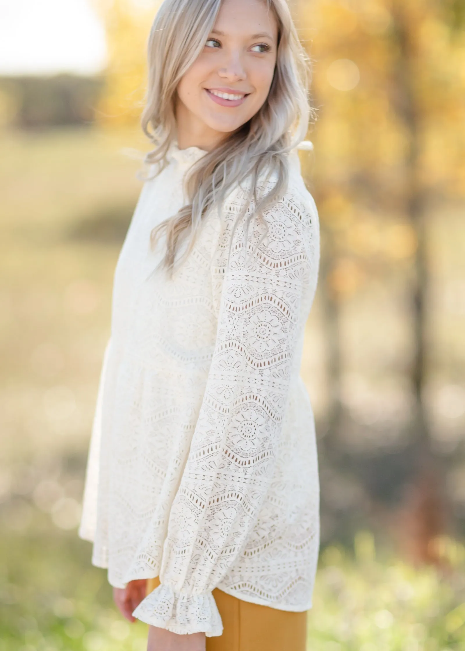 Lace Mock Neck Long Balloon Sleeve Peplum Top-FINAL SALE