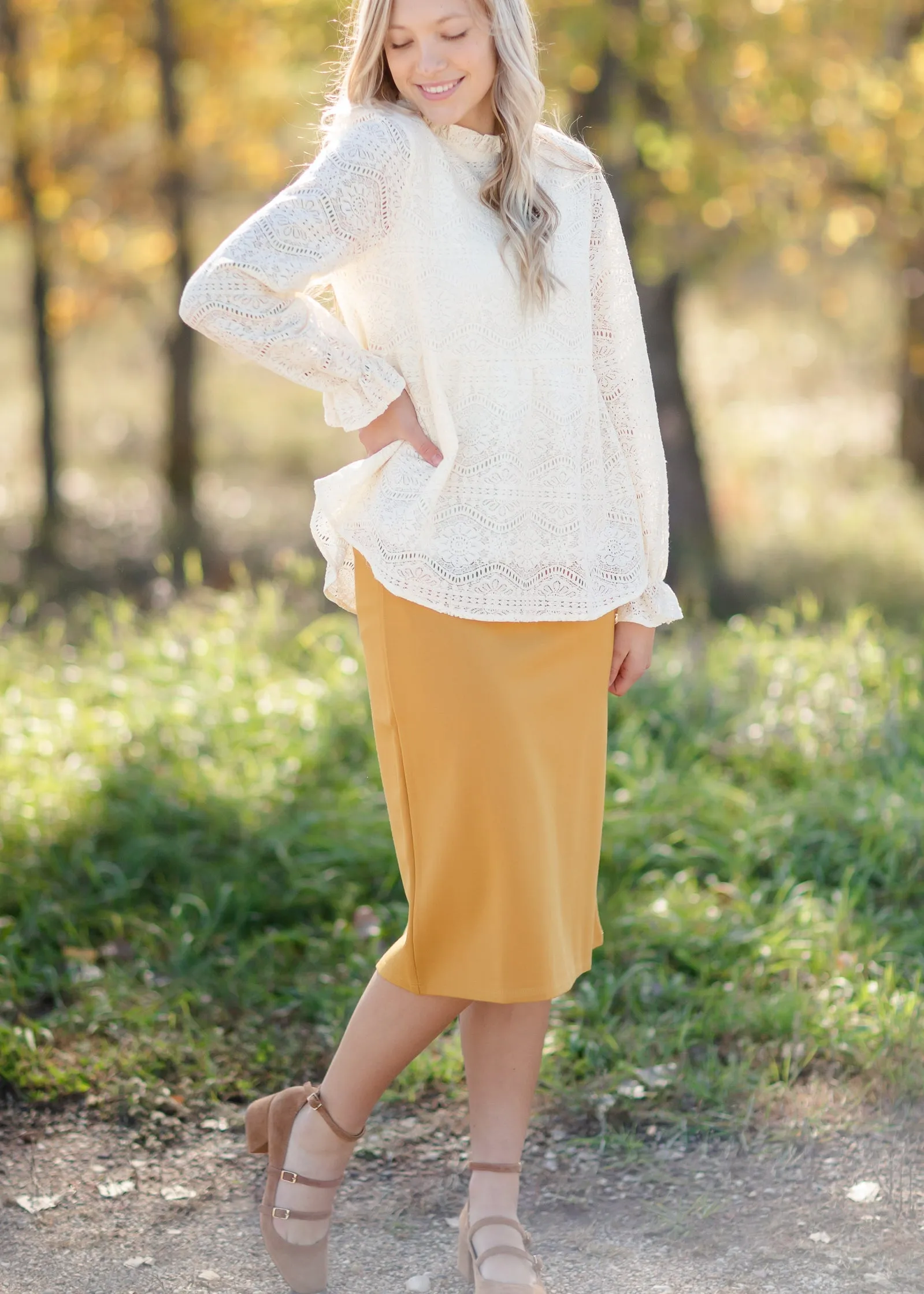 Lace Mock Neck Long Balloon Sleeve Peplum Top-FINAL SALE