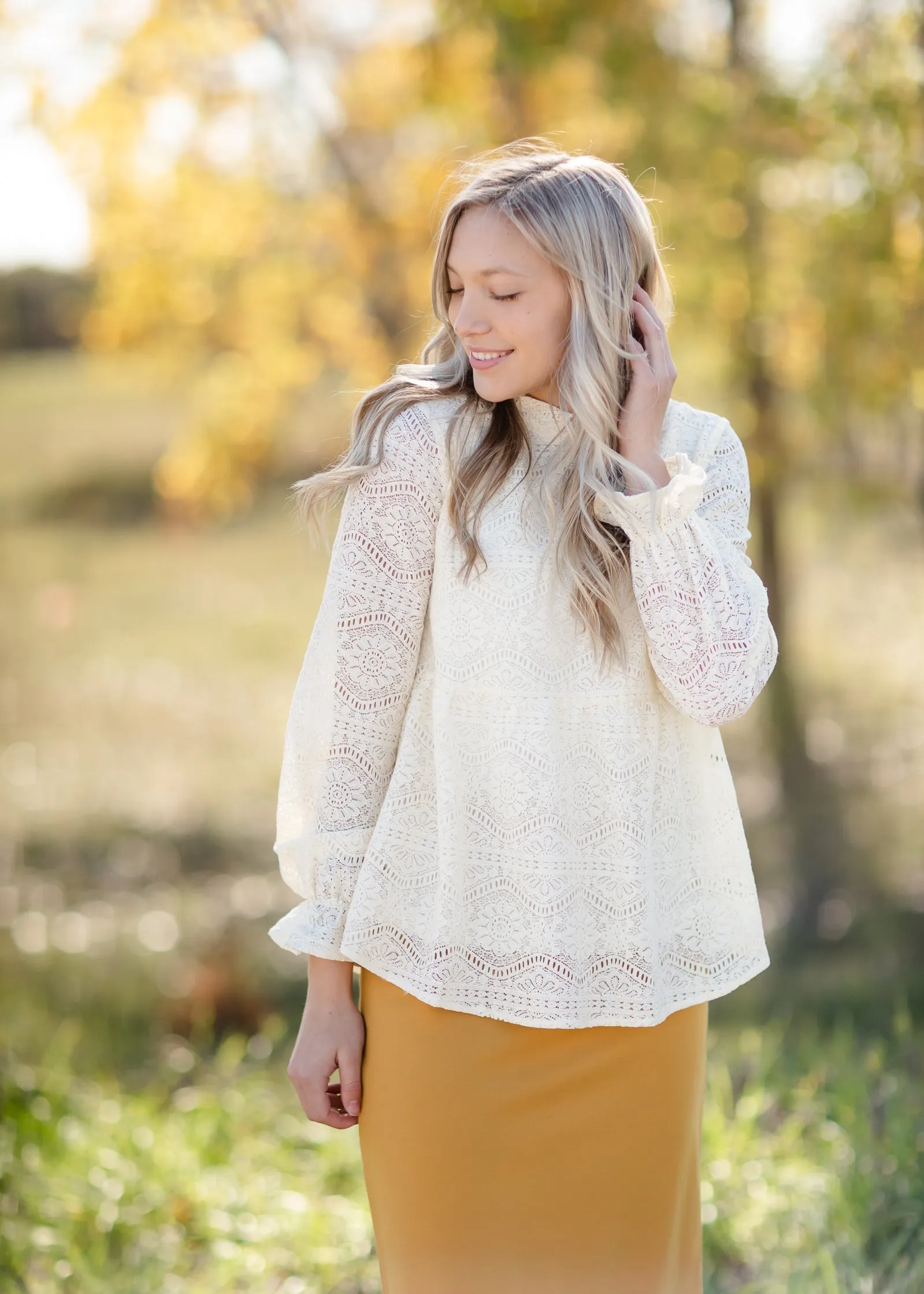 Lace Mock Neck Long Balloon Sleeve Peplum Top-FINAL SALE