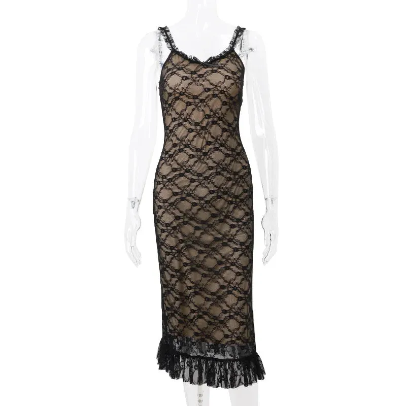 Lace Patchwork Mesh Spaghetti Strap Sleeveless Midi Dress Ladies Elegant Party Clubwear Backless Slim Evening Dress