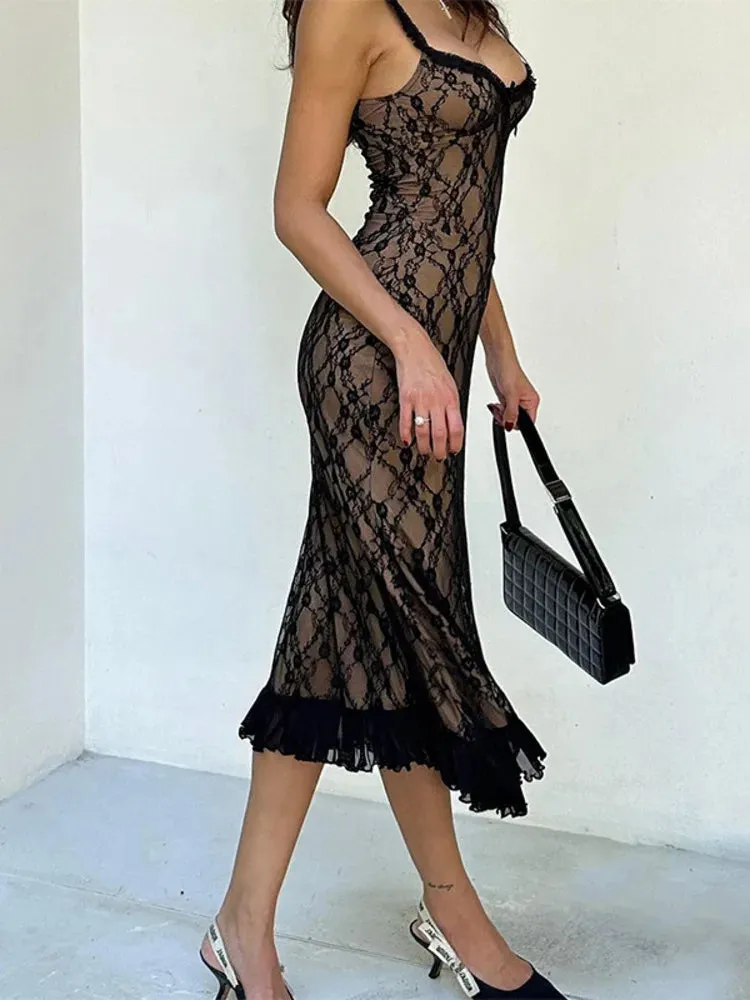 Lace Patchwork Mesh Spaghetti Strap Sleeveless Midi Dress Ladies Elegant Party Clubwear Backless Slim Evening Dress