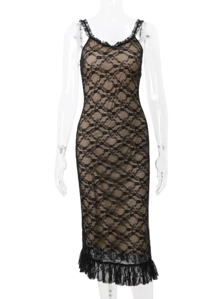 Lace Patchwork Mesh Spaghetti Strap Sleeveless Midi Dress Ladies Elegant Party Clubwear Backless Slim Evening Dress