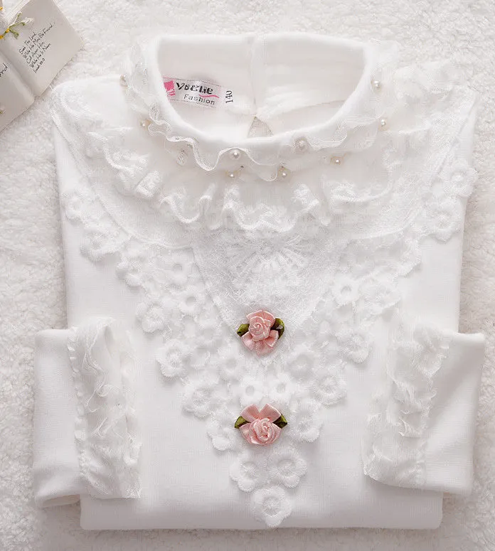Lace Shirt Fashion Girls Lace Blouses Children'S Shirts Top Long Sleeve Flower Autumn White/Pink/Black/ For 3~13 Age