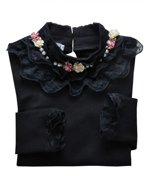 Lace Shirt Fashion Girls Lace Blouses Children'S Shirts Top Long Sleeve Flower Autumn White/Pink/Black/ For 3~13 Age
