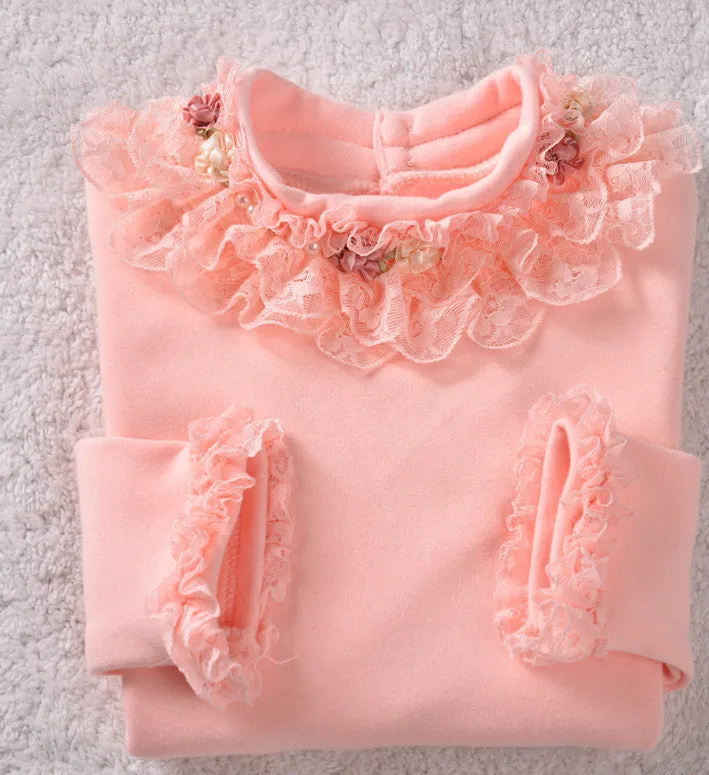 Lace Shirt Fashion Girls Lace Blouses Children'S Shirts Top Long Sleeve Flower Autumn White/Pink/Black/ For 3~13 Age