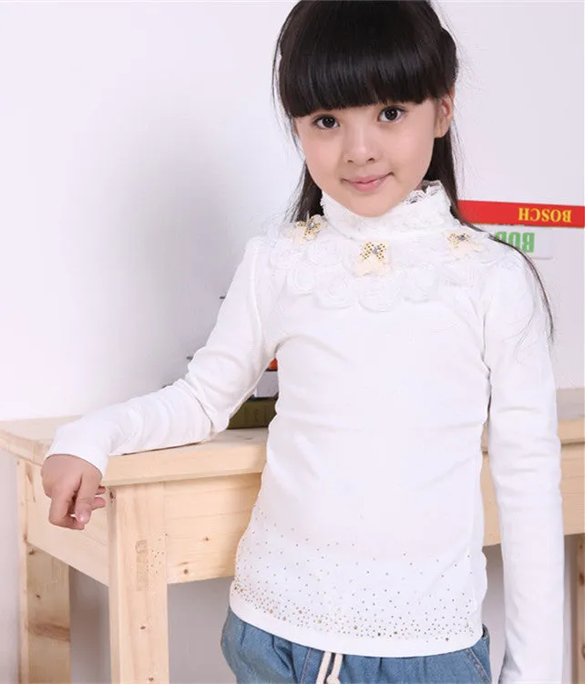 Lace Shirt Fashion Girls Lace Blouses Children'S Shirts Top Long Sleeve Flower Autumn White/Pink/Black/ For 3~13 Age
