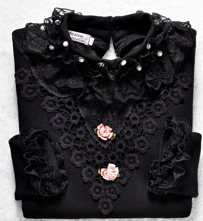 Lace Shirt Fashion Girls Lace Blouses Children'S Shirts Top Long Sleeve Flower Autumn White/Pink/Black/ For 3~13 Age