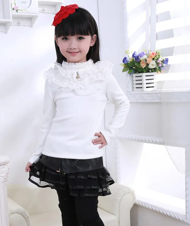 Lace Shirt Fashion Girls Lace Blouses Children'S Shirts Top Long Sleeve Flower Autumn White/Pink/Black/ For 3~13 Age