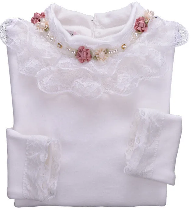 Lace Shirt Fashion Girls Lace Blouses Children'S Shirts Top Long Sleeve Flower Autumn White/Pink/Black/ For 3~13 Age