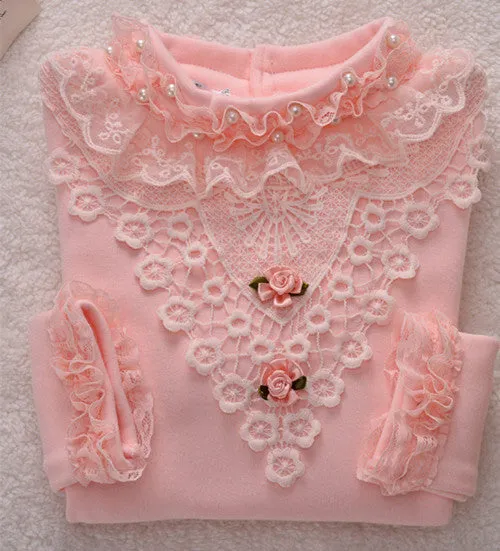 Lace Shirt Fashion Girls Lace Blouses Children'S Shirts Top Long Sleeve Flower Autumn White/Pink/Black/ For 3~13 Age