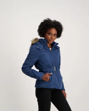 Ladies-Belted Puffer - Mid Blue