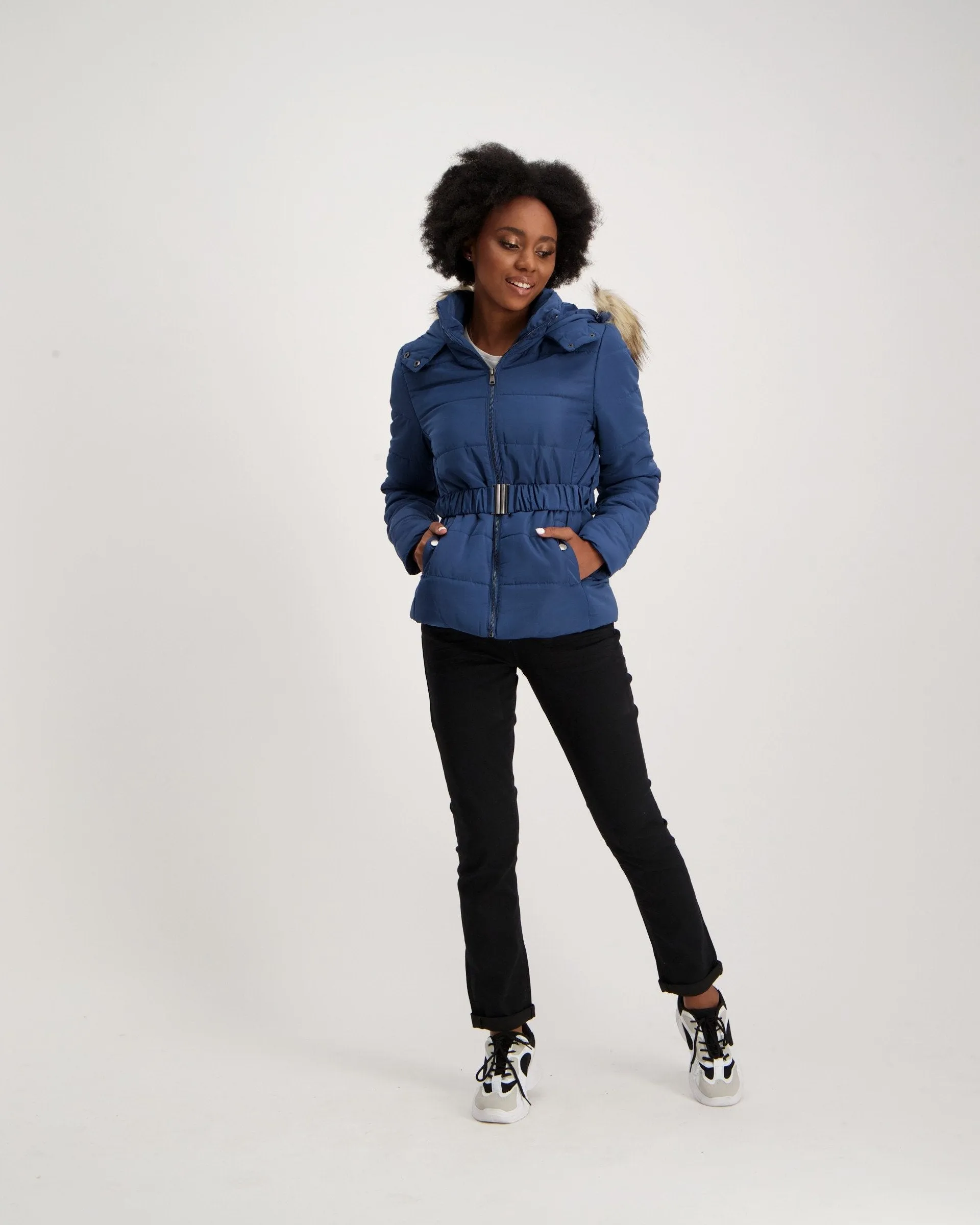 Ladies-Belted Puffer - Mid Blue