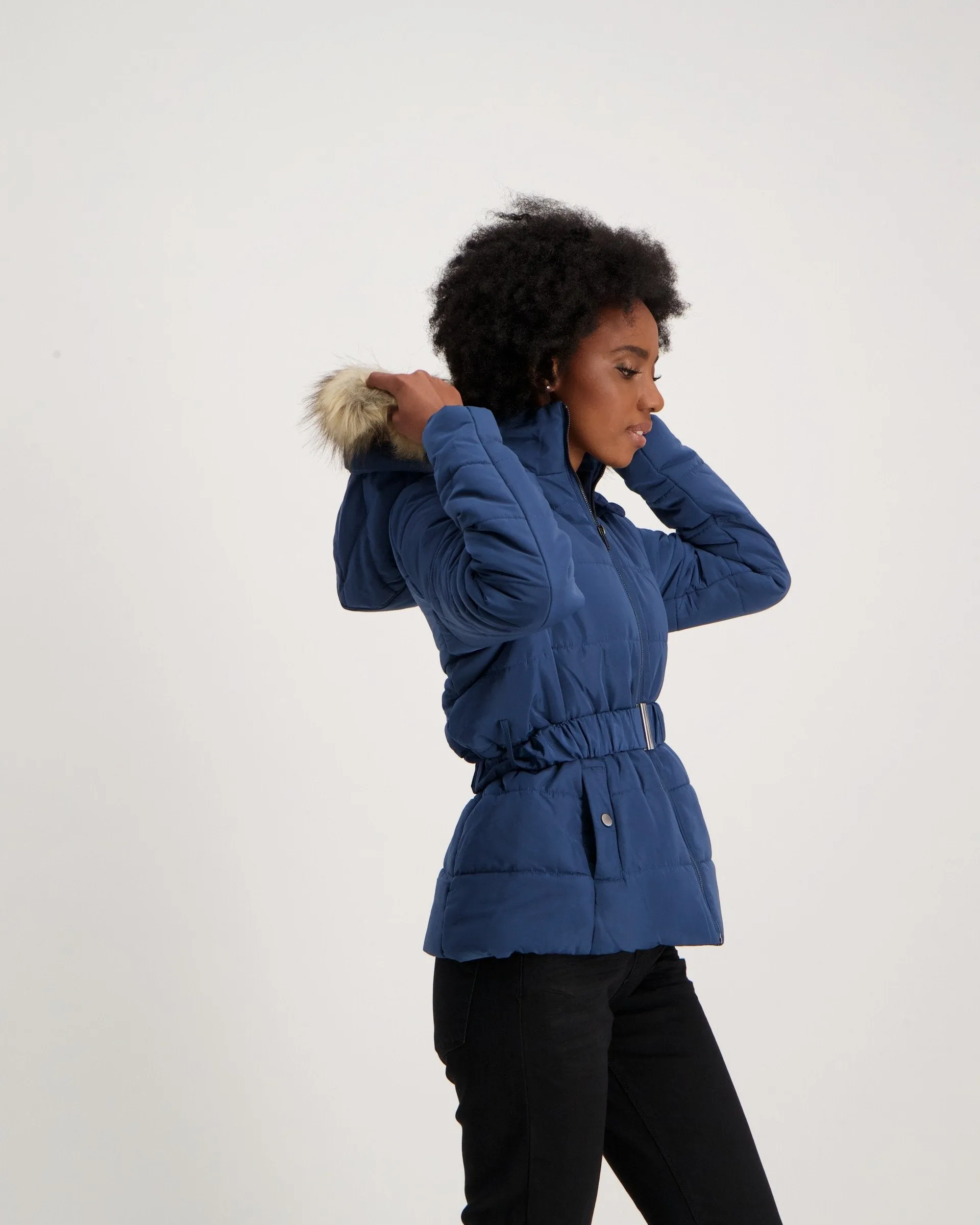 Ladies-Belted Puffer - Mid Blue