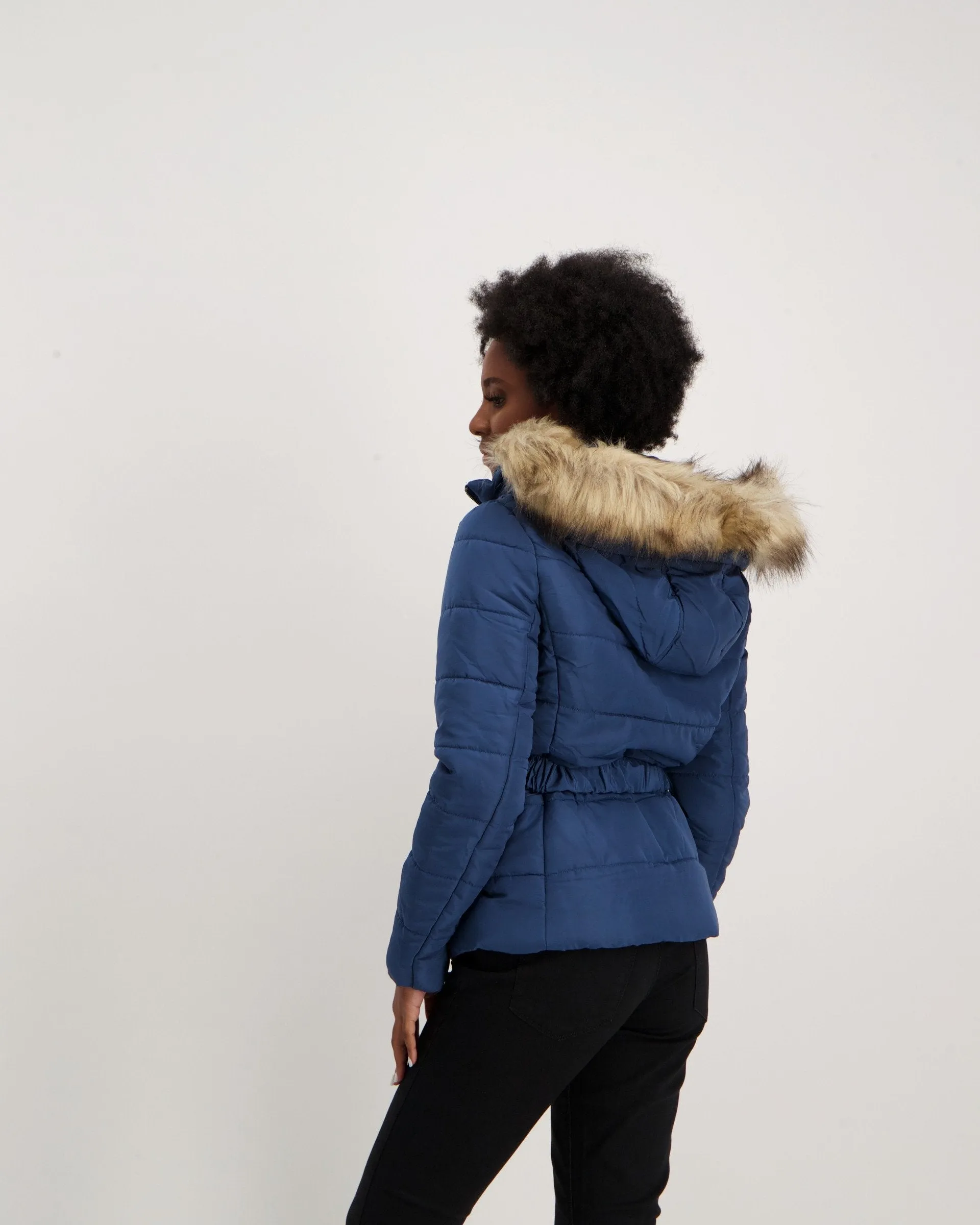 Ladies-Belted Puffer - Mid Blue