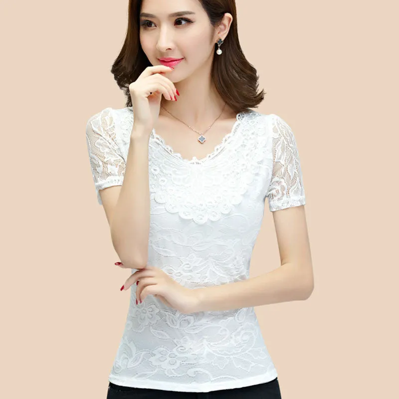 Lady Lace Blouses Short Sleeve Shirts Embroidery Style Women White Shirts Black Tops