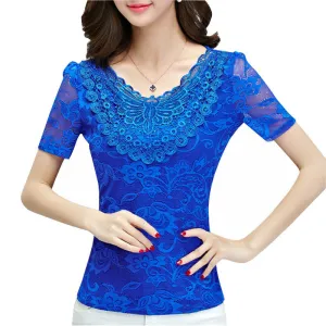 Lady Lace Blouses Short Sleeve Shirts Embroidery Style Women White Shirts Black Tops