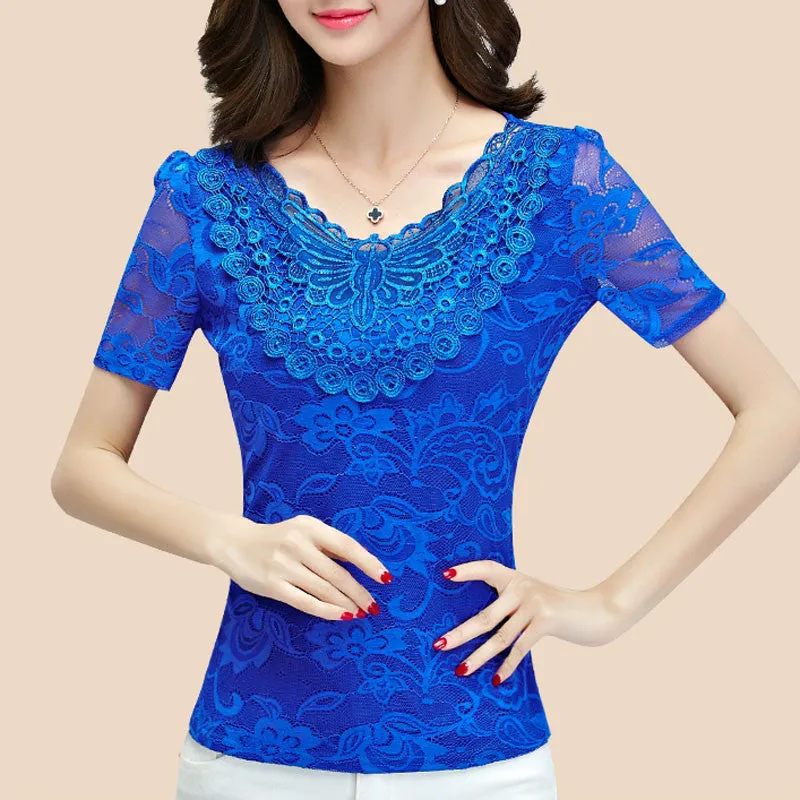 Lady Lace Blouses Short Sleeve Shirts Embroidery Style Women White Shirts Black Tops