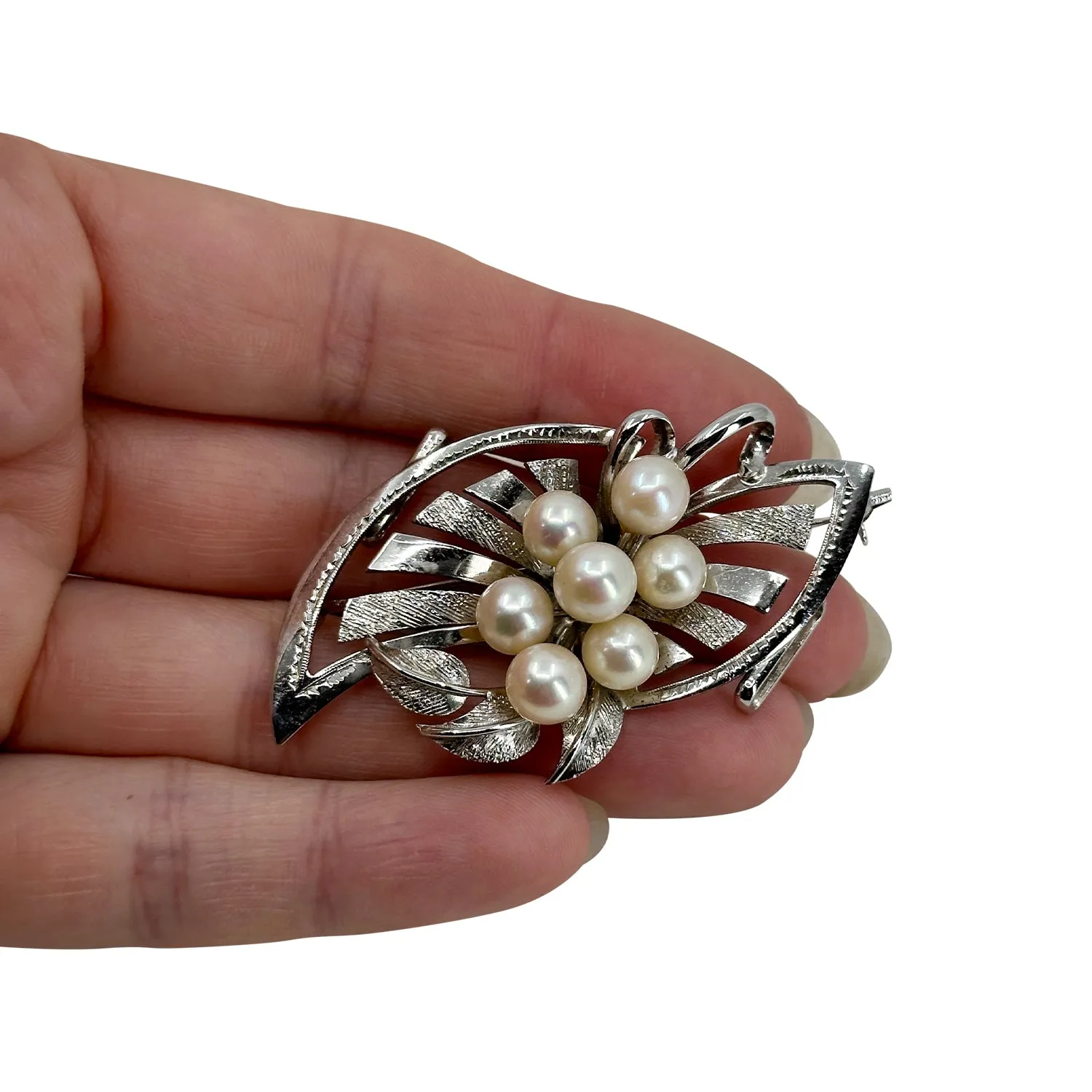 Large Retro Leaf Japanese Saltwater Akoya Cultured Pearl Vintage Brooch Obidome- Sterling Silver