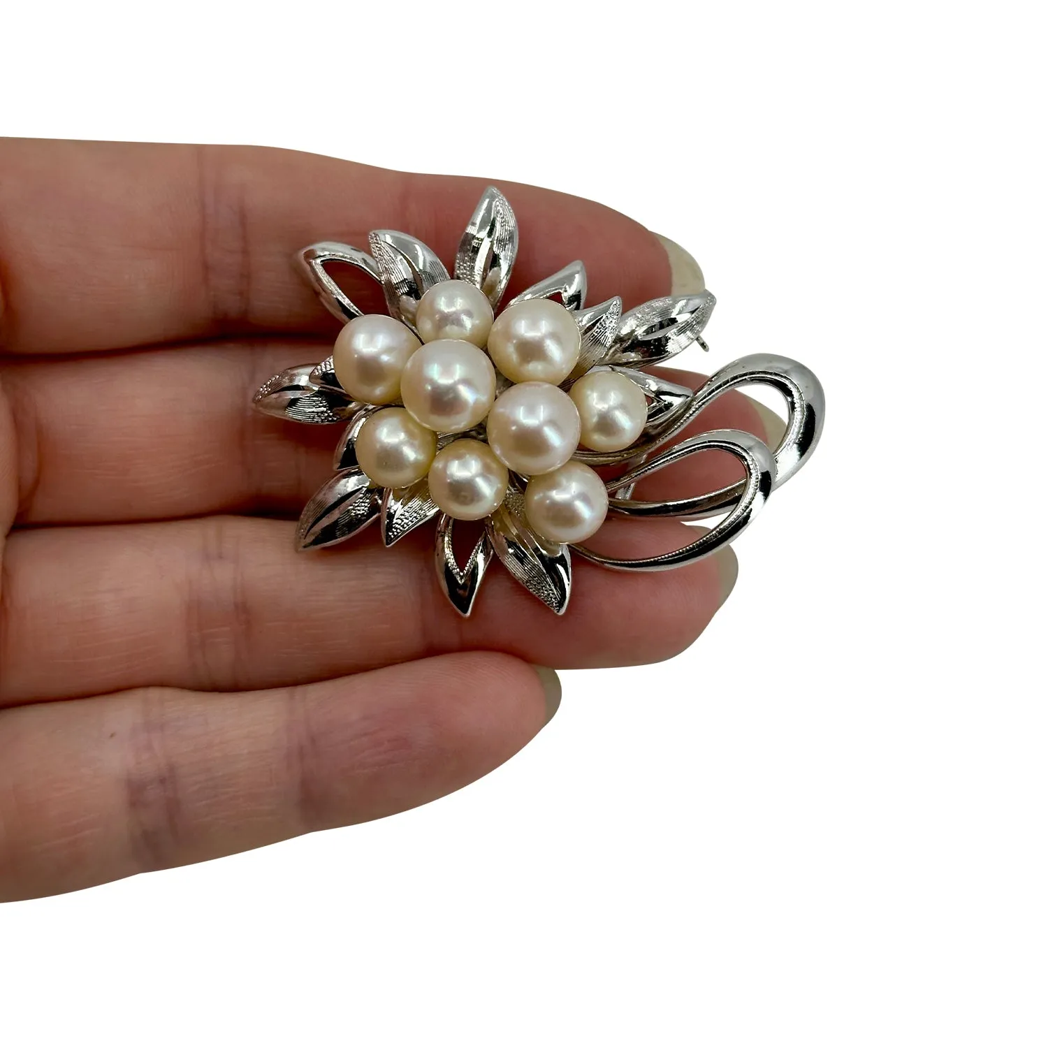 Leaf Cluster Japanese Saltwater Akoya Cultured Pearl Vintage Brooch Obidome- Sterling Silver