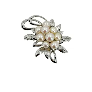 Leaf Cluster Japanese Saltwater Akoya Cultured Pearl Vintage Brooch Obidome- Sterling Silver